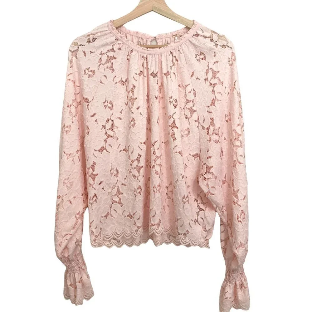 FREE PEOPLE Olivia Lace Top w/Dolman Balloon Poet Sleeves Pink Blush